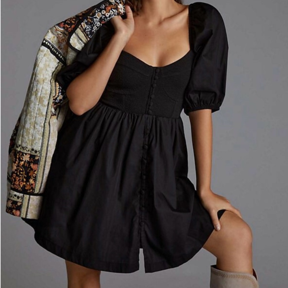 Anthropologie Black Puff-Sleeve Mini Dress